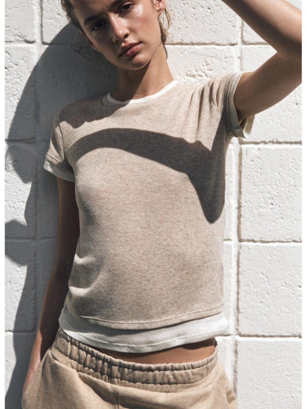ZARA Sand Marl Layered Effect Short Sleeve T-Shirt Fitted Tee Women's Size Small - Picture 6 of 6